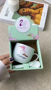 Gelas Kopi Keramik Set Sendok / Handel Mug Set / Mug Souvenir Hampers Premium Cangkir FLAMINGO