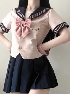 Original Pink Waist-Cinching School Uniform Skirt Set Japanese Style College Fashion JK Uniform Polyester Short Sleeve Summer