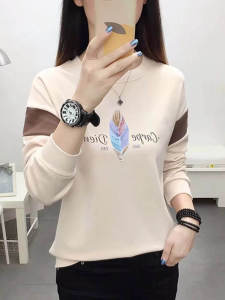 New 2025 Womens round Neck Sweatshirt Long Sleeve Pure Cotton Crew Neck Pullover Fashionable plus Size Autumn Spring T-Shirt