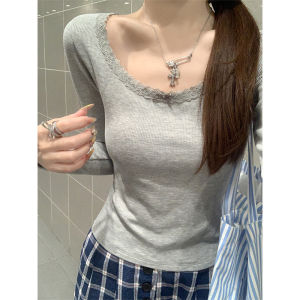 Áo Thun Dài Tay Ôm Vừa Vặn Màu Xám Cổ Tròn Tay Dài Mùa Xuân Thu Áo Sơ Mi Cơ Bản Cổ Tròn Tay Dài Ngắn Cho Nữ