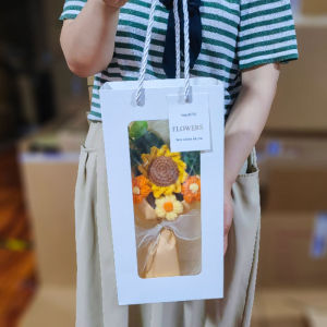 Hand Knitted Small Bouquet of Roses And Sunflowers Faux Flowers for Festival Activities Creative Gift Box Floral Simulation