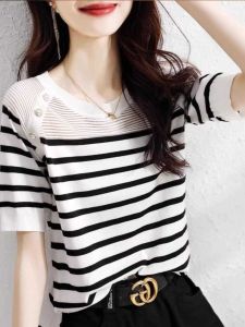 Summer 2025 Womens Ice Silk Knitted Short Sleeve T-Shirt round Neck Thin Fashionable Versatile Ladies Top Korean Style Loose Fit