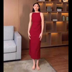【Stylish】 WaQas Women Elegant Simple Style Side Split Formal Dresses Sleeveless Red Long Dress