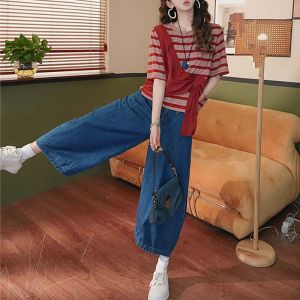 Shalldoer | Bộ đồ hai mảnh thời trang mùa hè cho nữ Áo thun tay ngắn kẻ sọc Quần Jeans Ống Thẳng Áo thun tay ngắn cổ tròn