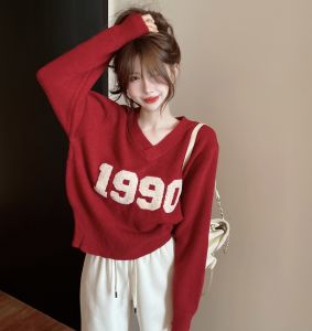 GUZILIAN | Long Sleeve Womens Sweater Casual Loose V-Neck Knitwear Sweet Fashionable Korean Style Comfortable Slimming Top Autumn