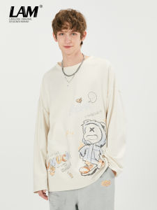 LAMLICKA American Retro Print Long Sleeve T-Shirt Mens Casual Loose Trendy round Neck Couple Tops Cotton Polyester Blend