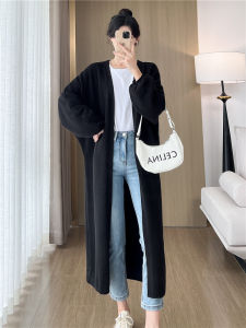 เสื้อคาร์ดิแกนถักยาวสีดำสำหรับผู้หญิง ทรงหลวม ทรงเข้ารูป แขนยาว คอวี เส้นใยโพลีเอสเตอร์ ปกติ