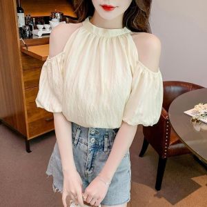 French Elegant Butterfly Knot Shoulder Bared Chiffon Top Women Summer Sweet Neck Hanging Bubble Sleeve Loose Top