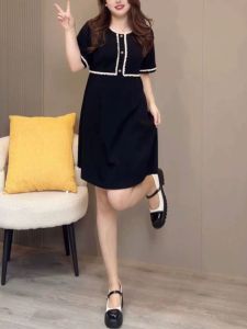 plus Size Short Sleeve Dress Womens Summer New Style Small Fragrance Style Loose Meat Covering Slimming Midi Skirt