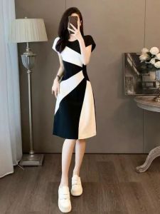 Summer 2026 French Korean Style Casual Dress Womens High Waist Slimming Black White Splicing A-Line Skirt Elegant Dress