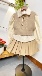 Set váy cho bé gái 3 chi tiết 4-10 tuổi cổ đính đá lấp lánh phong cách Hàn Quốc kiểu dáng thời trang