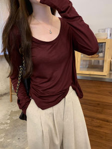 Lcelose Long Sleeve U-Neck Base Shirt Womens Loose Slimming T-Shirt Spring Autumn Casual Korean Style Pure Color Top