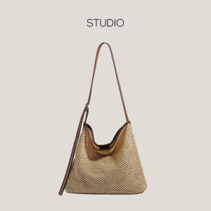 Retro Large Capacity Straw Woven Tote Bag Womens Single Shoulder Bag Fashionable Casual Handbag Korean Style Soft Bag
