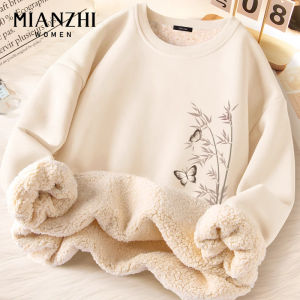 Womens Fleece Lined Thickened Sweatshirt Autumn Winter Traditional Chinese Style Long Sleeve round Neck Print Casual Top
