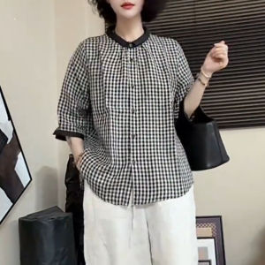 UYFY | Womens Loose Fit Short Sleeve Plaid Linen Shirt Summer 2025 Fashion Casual Style Slimming Top Versatile Casual Wear