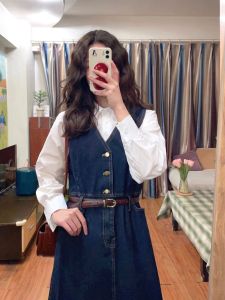 Retro Washed Denim Vest Dress Womens Fall and Winter Korean Sleeveless Waist Figure Flattering Suspender Skirt Elegant Long Dress