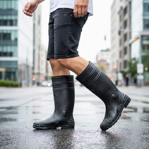 Super Tuff Mens High-Cut waterproof rubber rain boots (Black) sole (Not Steel-Toe)