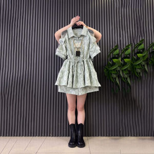 plus Size Womens Lace Shoulder Tassel Button Waist Cinched Top Shorts French Floral National Style Two-Piece Set Commute Simple Style