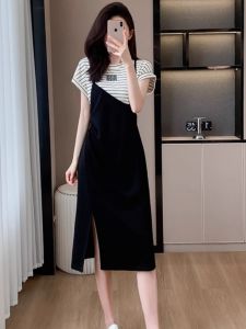 ชุดเดรสยาวสไตล์ฝรั่งเศสสองชิ้นเทียม ทรงเอ กระโปรงยาวคลุมเข่า ทรงหลวม สไตล์ลำลอง ฤดูร้อน 2025 กระโปรงทรงเอ