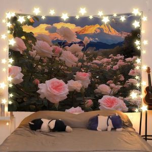 Tấm Thảm Trang Trí Tường Nền Hình Núi Vàng Hoàng Hôn & Hoa Hồng Hồng VIKAMA Chất Liệu Polyester Không Dệt Dùng Để Trang Trí Phòng Ngủ Ký Túc Xá.