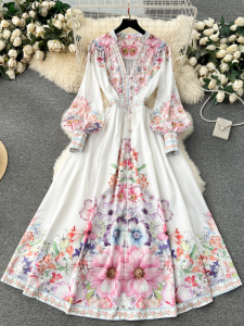 Váy Dài Tay Bồng Cổ Điển Kiểu Pháp Mới Đầu Xuân 2024 Váy Dài Thanh Lịch in Họa Tiết Nút Dài Thời Trang Váy Chữ a Mùa Xuân