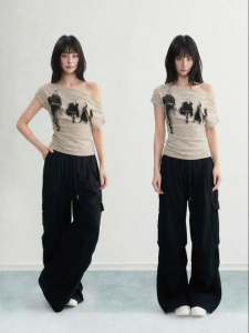 ARCG | Striped Off-Shoulder Short Sleeve Slim T-shirt