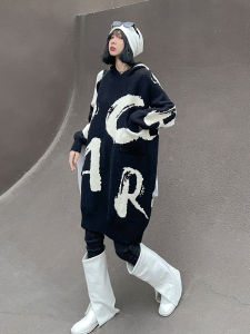 Womens Knitted Sweater 2025 New Style Hooded Mid-Length Oversized Thickened Hoodie Dress Winter Warm Street Style Fashion