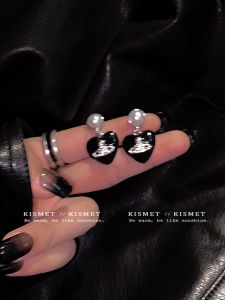 Elegant Black Pearl Heart Shaped Earrings Womens Fashion Jewelry Saturn Studs Trendy Accessory Korean Style Alloy Ear Decor