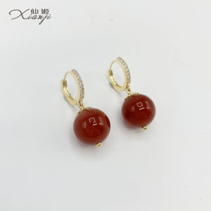 ต่างหูทรงลูกปัดทรงกลมหยกแดงน้ำหนักเบา ประดับลูกปัดสีแดง ต่างหูสไตล์จีนโบราณ ต่างหูแฟชั่น 925 เงินแท้