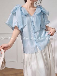 PlumJan | Áo Sơ Mi Tay Bồng Phong Cách Pháp Cổ V Đính Nơ Lớn