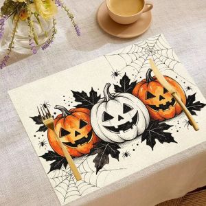 VIKAMA 2/4/6pcs Halloween Meal Mat Pumpkin Ghost Bat Wizard Hat Spider Web Bow Wreath Table Mat Table Party Decoration