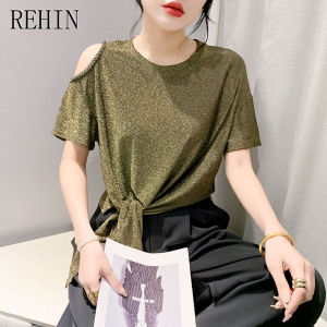 REHIN Summer new fashion strapless short sleeve T-shirt beaded loose straps thin slim off the shoulder womens tops