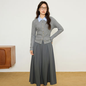 DUSHU | Oversized Color Blocking Knitted Set Female Outerwear and Skirt