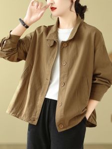 Pure Color Casual Moms Spring and Autumn Short Coat Womens Washed All Cotton Loose All-Matching Long-Sleeved Jacket Slim Looking Cardigan Top