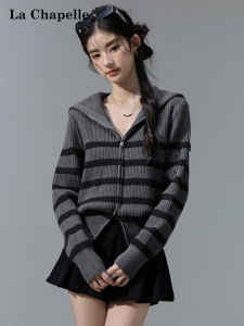 La Chapelle | Navy Collar Soft Knitted Cardigan Cozy Dual Zipper Short Sweater Jacket