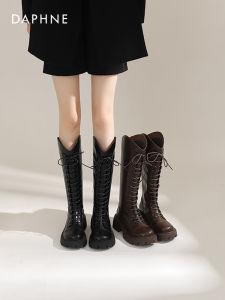 Daphne Womens Long V-Notch Knight Boots Spring Autumn No-Knee Strap Heightening Casual High-Tube Boots PU Mixed Material