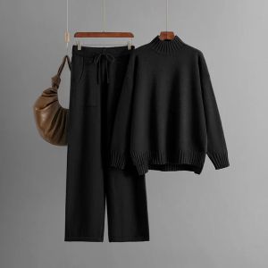 Autumn Winter Women Elegant Knit Sweater Top Pants 2-piece Set Long-sleeved Pullovers Casual Cover Loose Womens Outfits Clothing