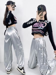 Street Style Pocket Glossy Bud Stripe Slim Looking Casual Pants Couple Student Class Clothes Silver High Waist Dancing Jazz Pants