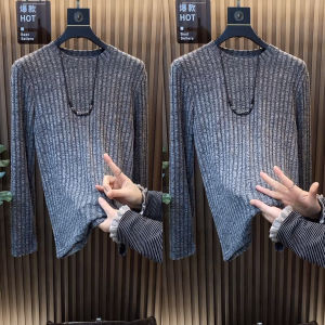 Áo Thun Nam Tay Dài Mùa Thu Mới Màu Xám Thời Trang Đa Năng Sọc Nhuộm Màu Cổ Tròn Áo Nỉ Thường Ngày Thoải Mái