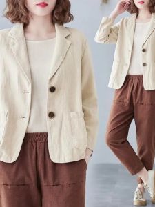 เสื้อเชิ้ตผู้หญิงแขนยาวผ้าลินินคอตตอนสีพื้นสไตล์ใหม่ฤดูใบไม้ผลิและฤดูใบไม้ร่วง ทรงเข้ารูป กระดุม ทรงสั้น เสื้อคลุมกันหนาว