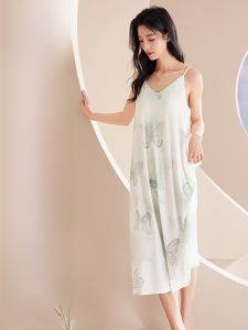 MiiOW | Váy ngủ lụa băng gợi cảm không tay mùa hè cho nữ Váy ngủ ren dài cổ tròn quần áo mặc nhà bằng polyester mỏng thoáng khí