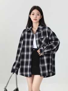 เสื้อเชิ้ตคอปกพับลายสก็อตสีดำขาวหลวมๆ สำหรับผู้หญิง ฤดูใบไม้ร่วง/ฤดูหนาว สไตล์เกาหลี เสื้อคลุมกันหนาวแบบอเนกประสงค์