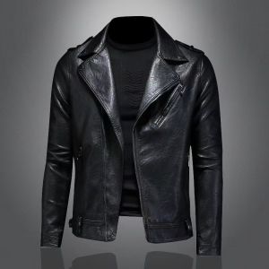 Soft Leather Biker Jacket Mens Casual Slim Fit Harlequin Style Zipper Closure Long Sleeve Pure Color Business Casual Coat
