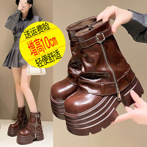 Nữ Giày Bốt Martin Đế Dày Cao Bồi Phương Tây Mùa Thu Mùa Đông Giày Bốt Ngắn Nền Tảng Nâng Cao 10cm Phong Cách Mới Thời Trang Sành Điệu Phong Cách Hàn Quốc Chất Liệu PU Mũi Tròn Khóa Kéo Đóng Cửa