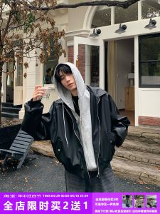 Onelyc1ns Fake Two-Piece Hooded Patchwork PU Leather Jacket Mens Autumn Loose Trendy All-Match Tops Couple