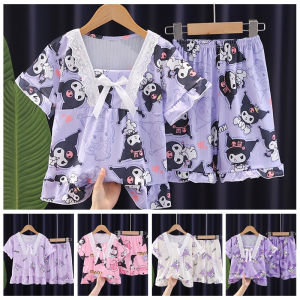 ชุดนอนแขนสั้น ลายการ์ตูน Kuromi สําหรับเด็กผู้หญิง Cartoon Short Sleeve Pajamas Set for Girls【Little Lion】
