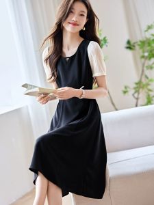 Outlets Brand Discount Clearance Special Offer Square Collar Black Dress Summer Slimming High Waist Temperament Dress Women