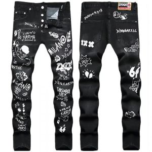 DSQUARED2 ยี่ห้อบูรู่กางเกงยีนส์แฟชั่น สบายๆ บาง D2 กราฟฟิตี พิมพ์ยืดฉีก กางเกงยีนส์ดำ สีดำ บาดเจ็บ