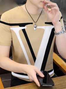 HENGYUANXIANG | Hengyuanxiang Mens Short Sleeve T-Shirt Ice Silk Knitted Round Neck Summer High End Fashionable Dad Top Cool Feeling Thin Modern Style