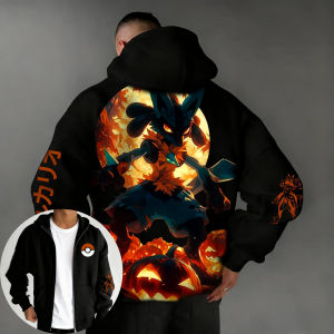 Bandai | Pokémon Halloween Co Branded Zipper Hoodie 2025 Summer Mens New Lucario Anime Print American Hip-hop Casual Loose Sweater Top